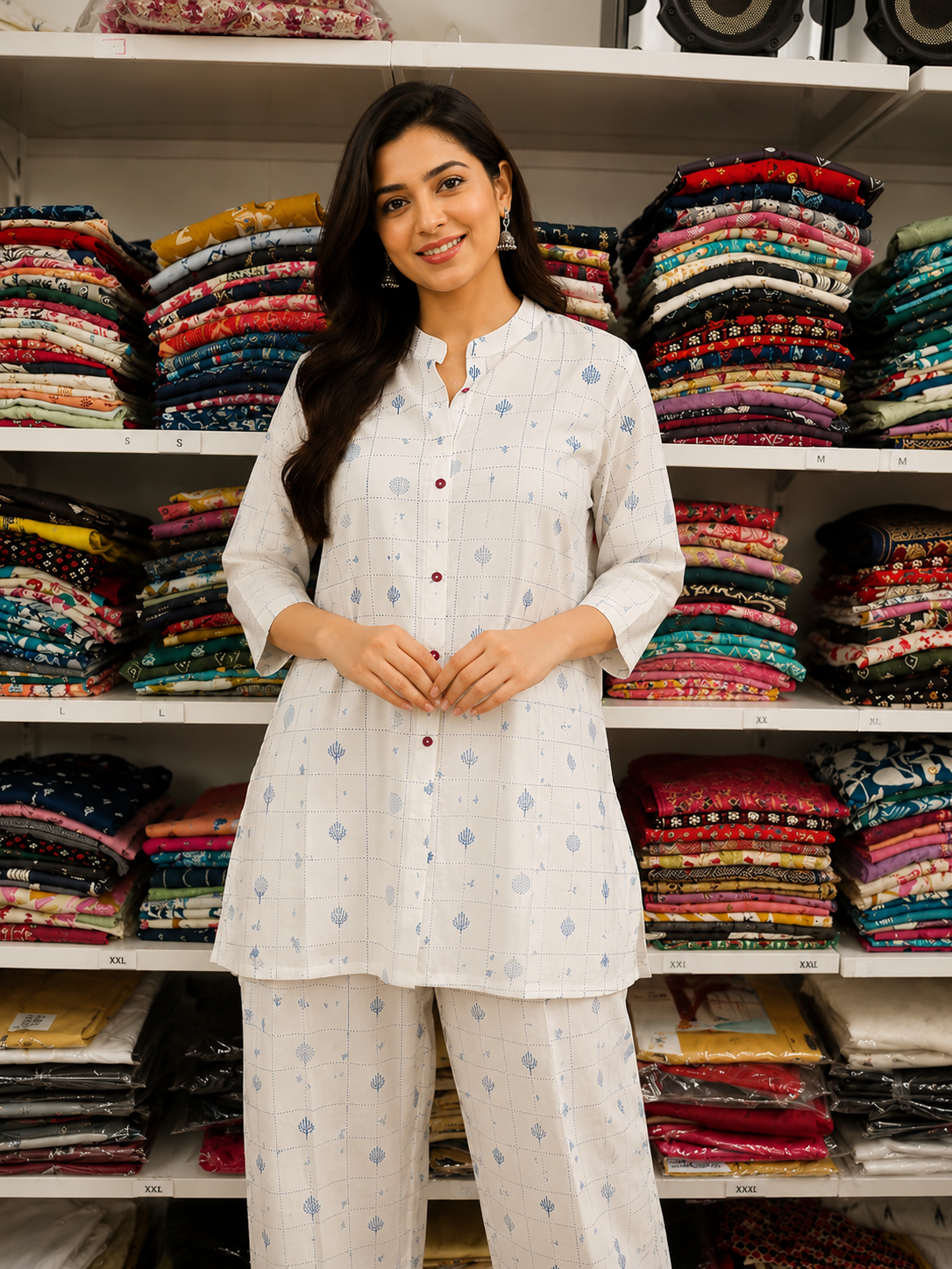 White & Blue Floral 2 Pc Set
