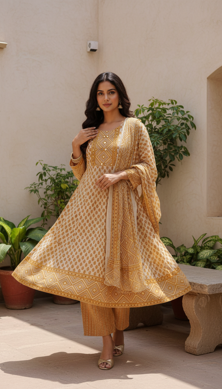 Mustard Cotton Anarkali 3 Pc Set (Xtra Size)