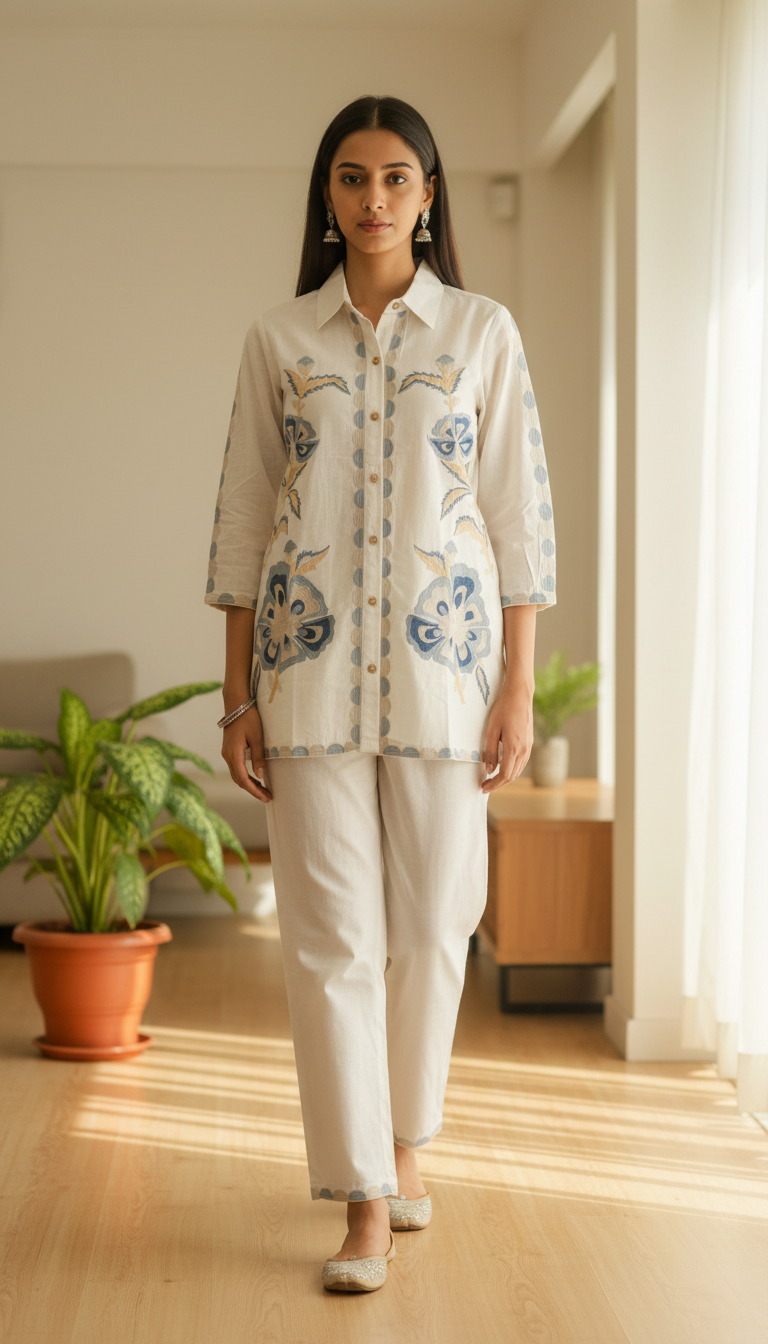 Beige Floral Embroidered 2 Pc Set