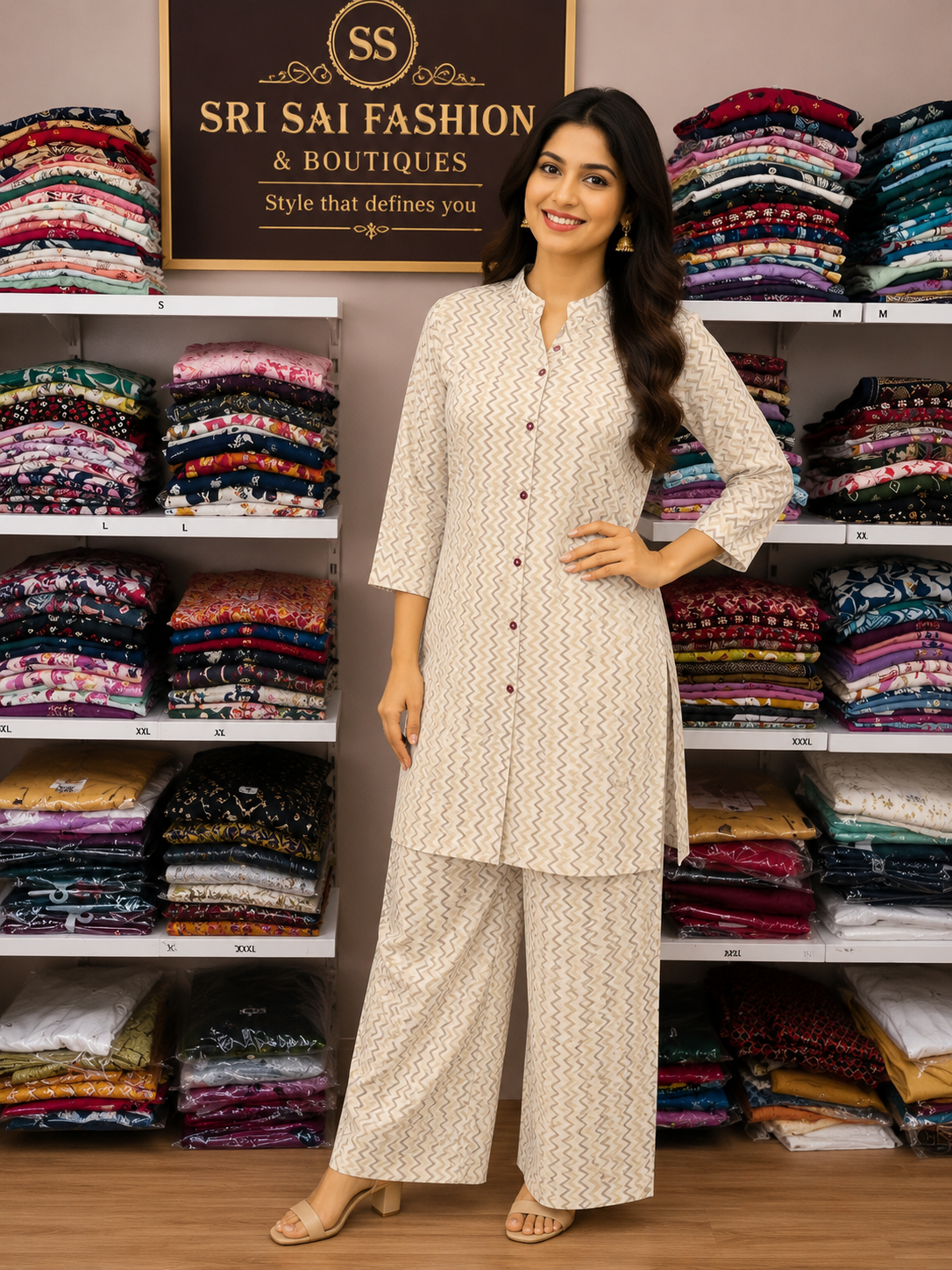 Beige Zigzag Cotton 2 Pc Set